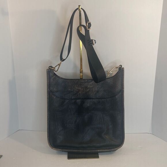 Funky Monkey Black Distressed Leather Crossbody Adjustable Nylon Strap Bag - Picture 1 of 12